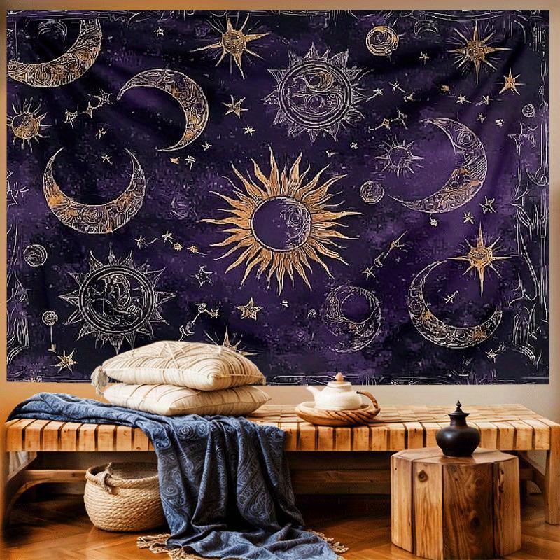 VIKAMA Vintage Starry Sky Tapestry Sun Moon and Star Pattern Living Room Sofa Backdrop Wall Hanging Bohemian Style Room Decor
