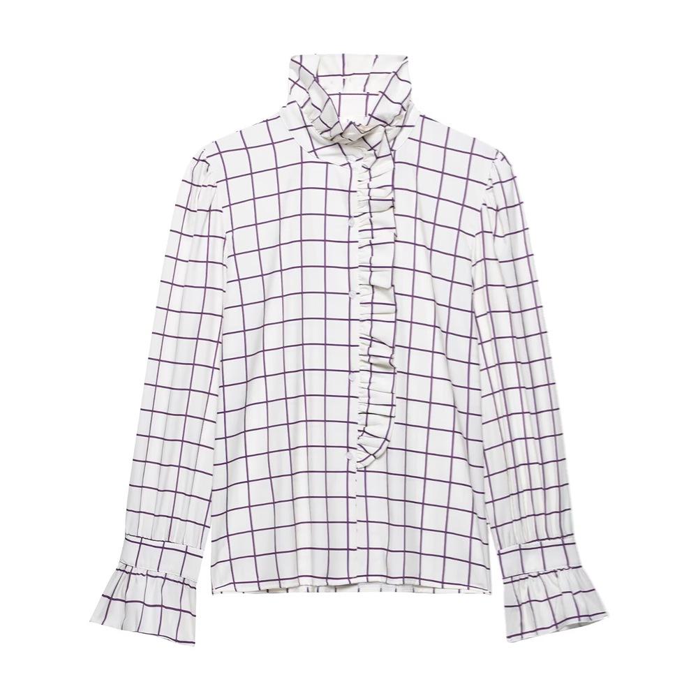 

2025 Spring/Summer Plaid & Striped Women s Loose Frilled Stand Collar Long-Sleeve Shirt Large білий