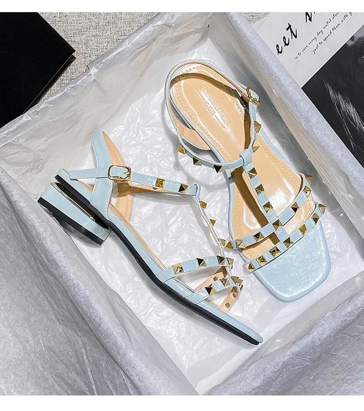 Women Modern Sandals Summer New Luxury Beautiful Rivet Band Leather Casual High Heels Shoes Sweet Pumps Big Size
