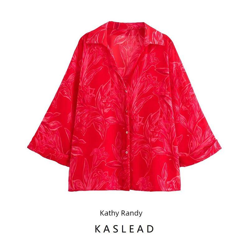 Kaslead New Arrival Women's Fashion Style Fashion All-Match Flower Print Transparent Shirt 8691137