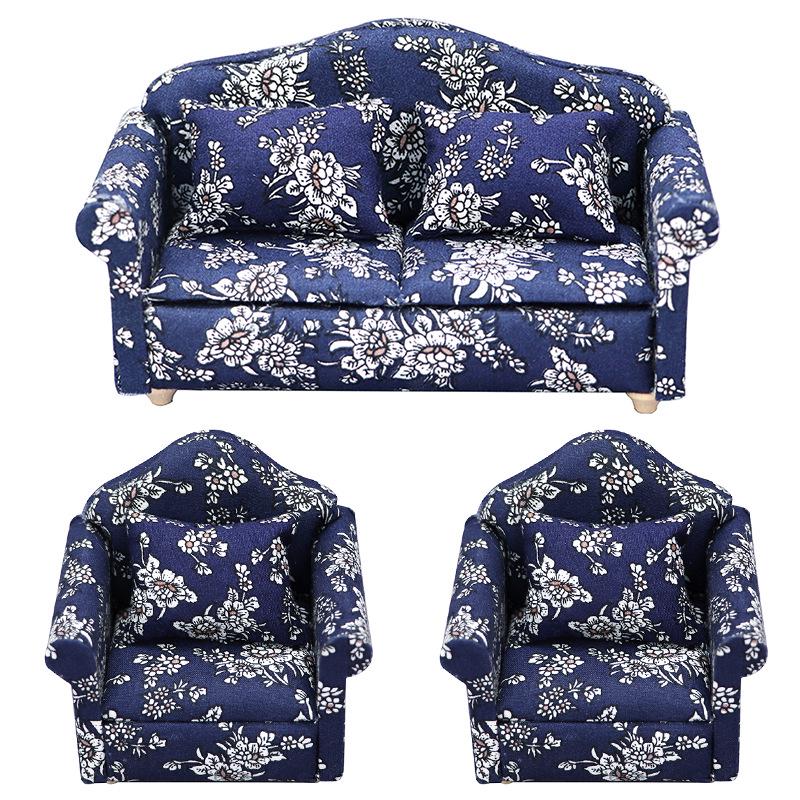 1:12 Dollhouse Miniature Furniture: Blue Floral Sofa Cover with Cushion