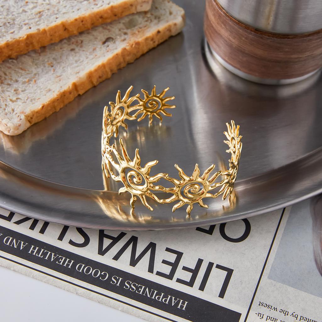 Youthway Fashion Hammered Spiral Openwork Sun Open Bangle Stainless Steel 18K Gold Color-Plated Waterproof Bangle for Women