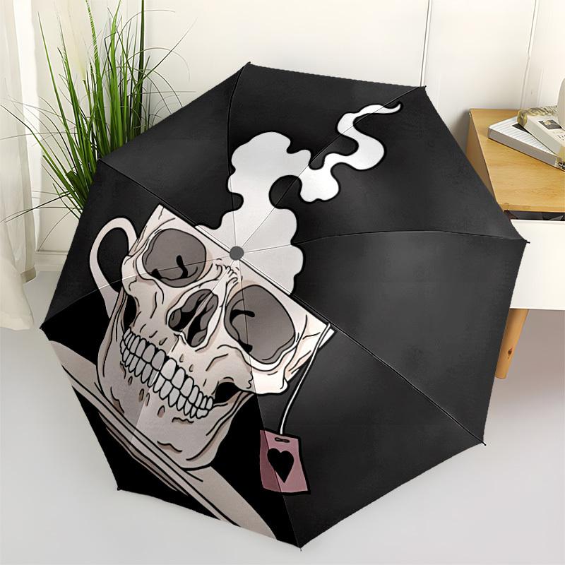 1pc Coffee Skull Fashionable Auto Opening/Closing Folding Umbrella with 8 Bones, Windproof Portable, Daily Use113