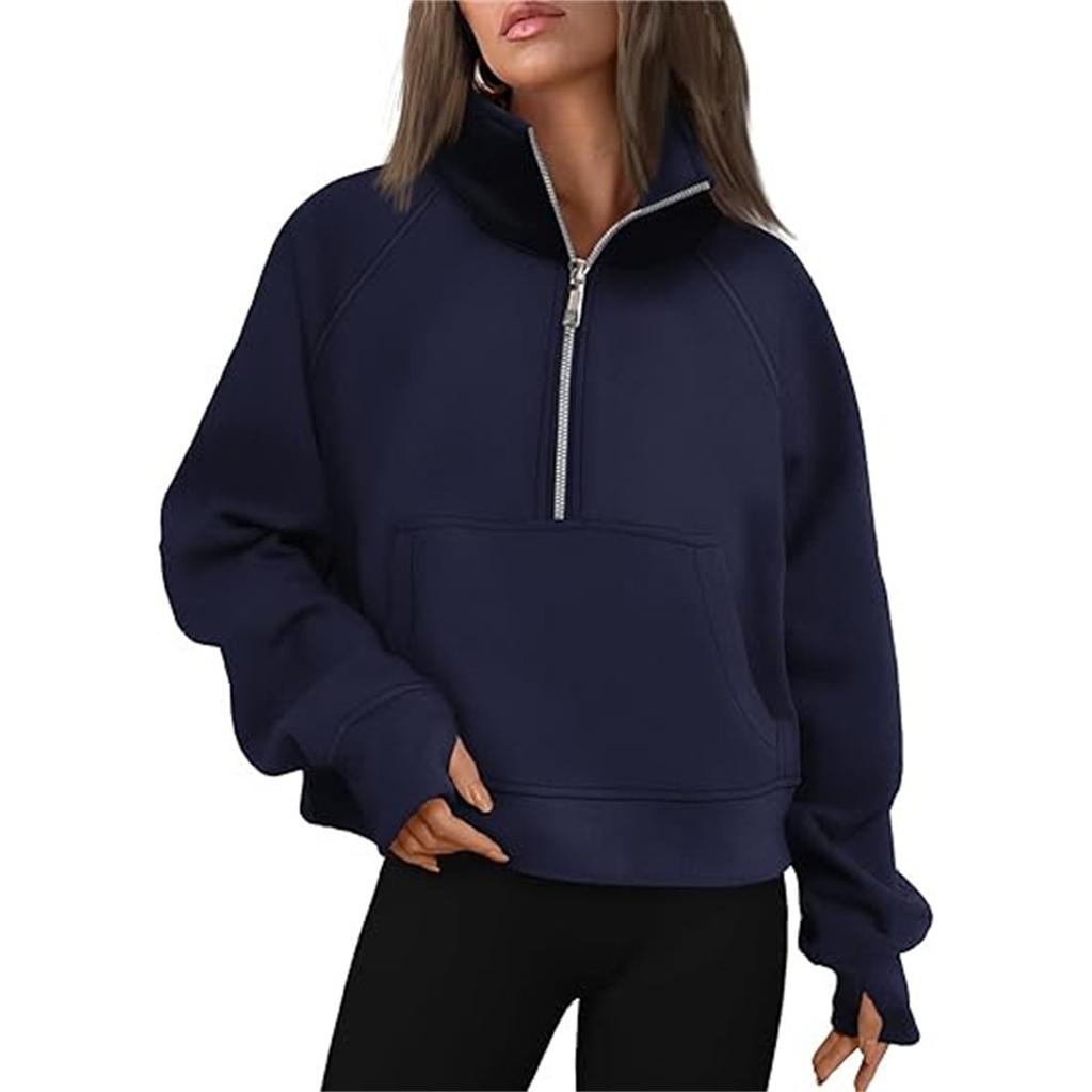 Women's Stand Collar Plus Fleece Solid Color Hoodie Long Sleeve Pocket Loose Half Zip Pullover Hoodie Top