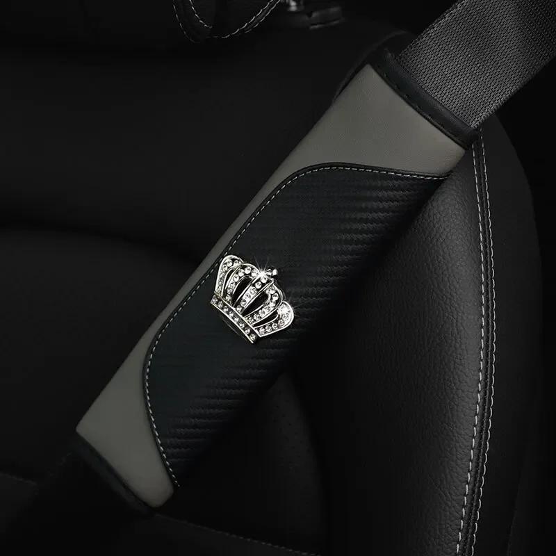 Car Seat Belt Cover Shoulder Pad Leather Seat Belt Crown Crystal Rhinestones Seat Safety Belt Case For Car Shoulder Strap Pad