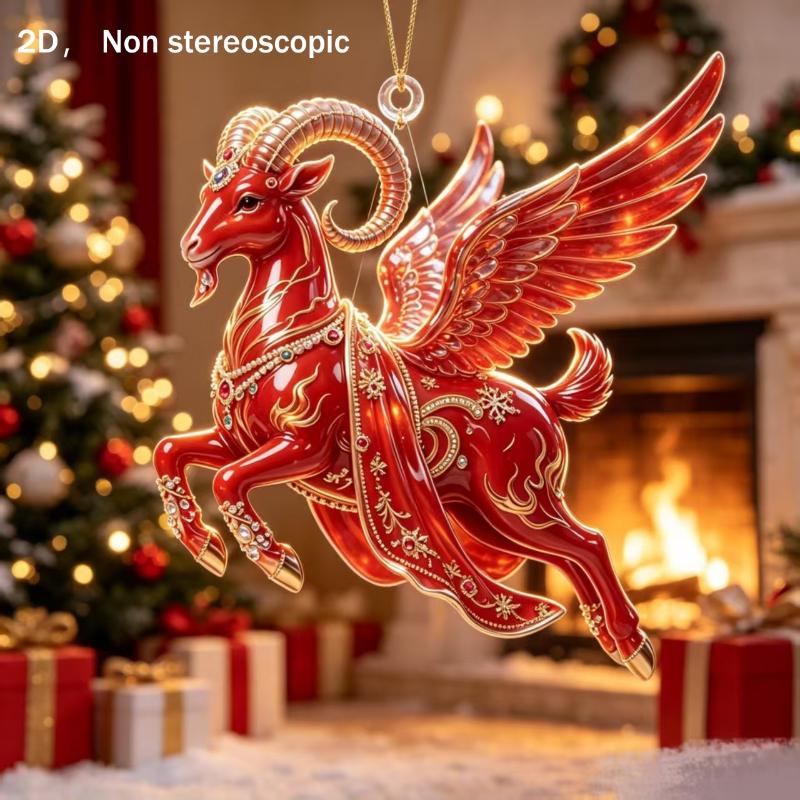 2D Red Golden Ram Christmas Hanging Ornament With Exquisite Details Glossy Finish For Christmas Tree Home Holiday Party Decorati