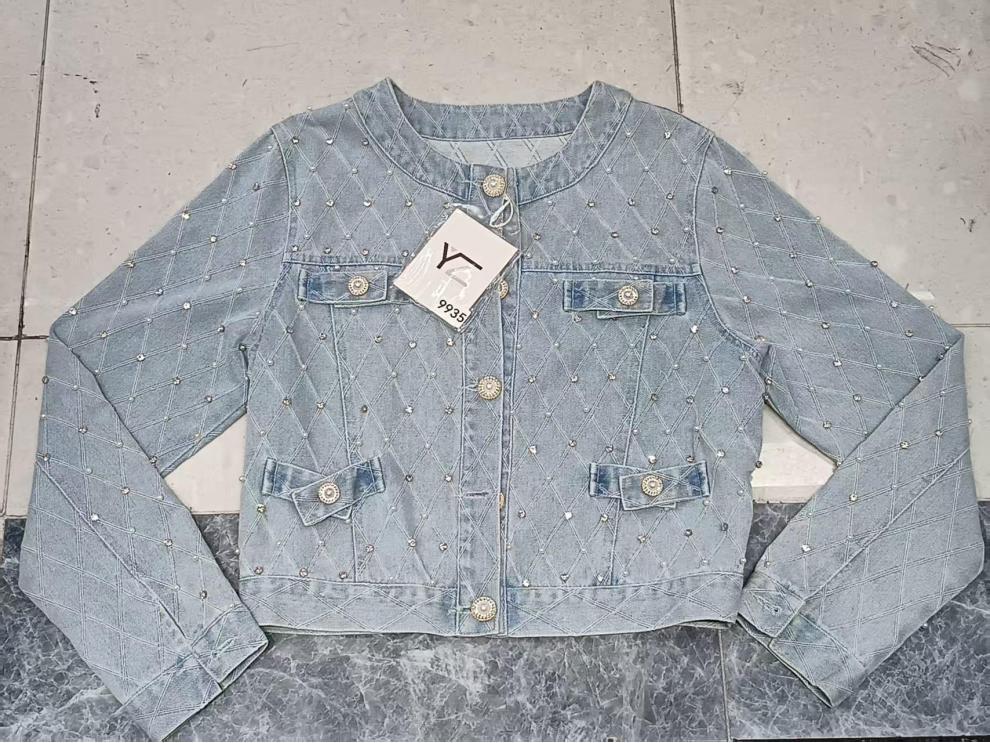 2025 Spring/Fall Beaded Slim Denim Jacket with Diamond Quilting