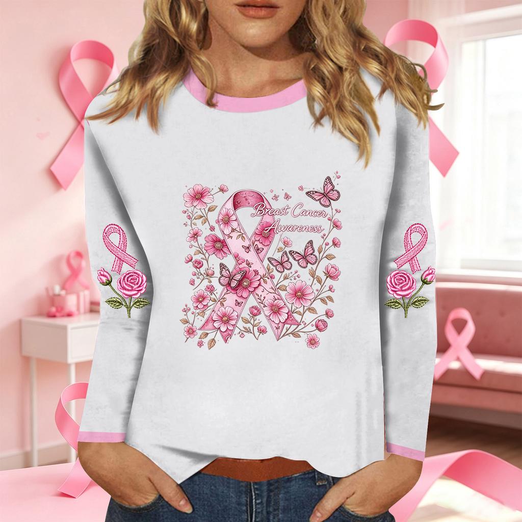 Women's Fashion Casual Long Sleeve Neck Top with Ribbon Print