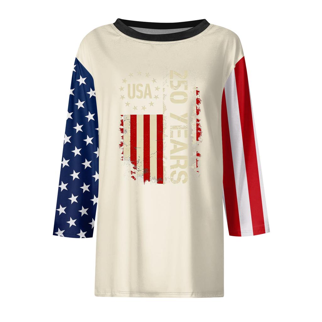 Women's Fashion Casual Seven-Sleeve Independence Day Print Round Neck Top