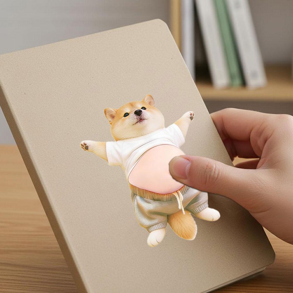 3D Shiba Inu Dog Belly Sticker - Cute Puppy Wearing Orange Outfit with Soft Pink Background, Silicone Self-adhesive