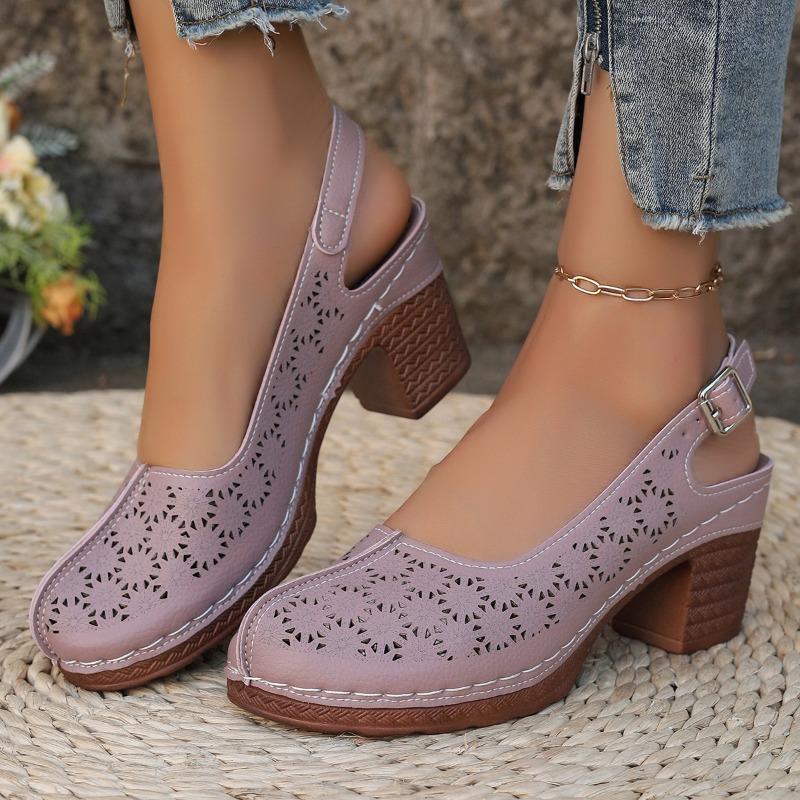 Fashion Plus Size Round Toe Shallow Mouth Cutout One Strap High Heels Summer New Baotou Waterproof Taiwanese Square Heel Sandals