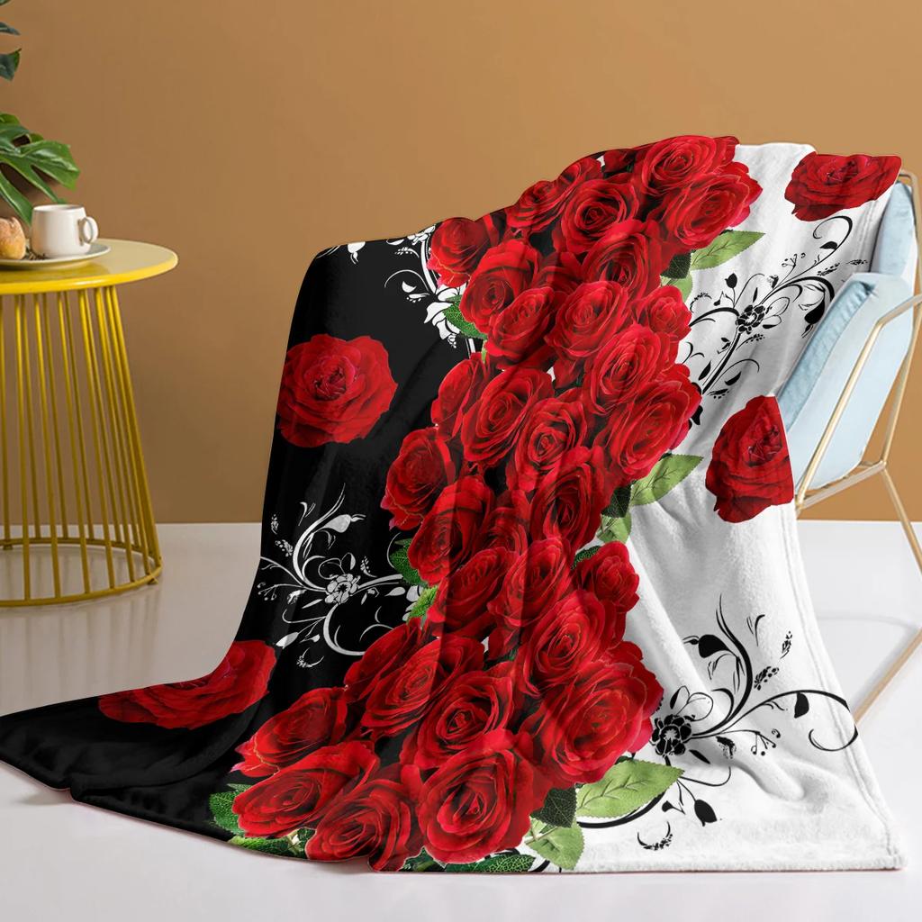 3D Rote Rosen Blumenmuster Decke Schwarz Weiß Splice Muster Warm Gemütlich Weich Überwurf für Alle Jahreszeiten für Couch Sofa Bett