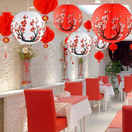 60 Pieces Chinese Japanese Paper Lantern Includes 8 Cherry Blossom Japanese Paper Lantern 52 Chinese Red Lanterns 12 Inches Red Cherry Flowers Paper