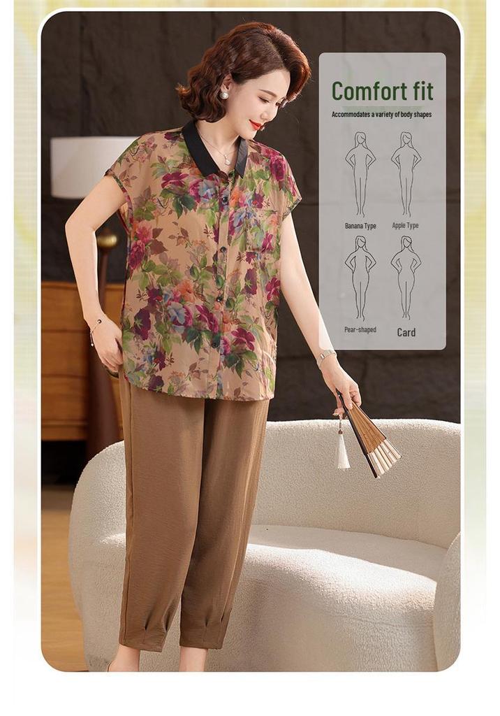 High-End Plus-Size Summer Fashion Set: Flattering Elastic Two-Piece T-shirt & Shorts for Middle-Aged & Elderly Women
