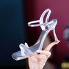 Stiletto sandals women's summer 2025 new celebrity style banquet elegant one-word buckle with rhinestone open-toed high heels