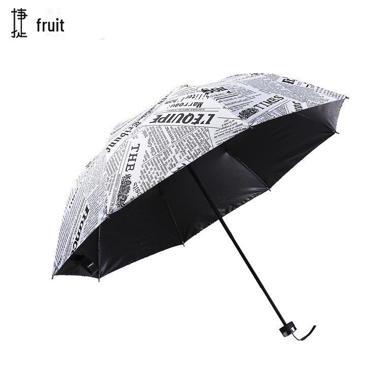 Pánský retro černý skládací slunečník – Unisex, vzor novin.