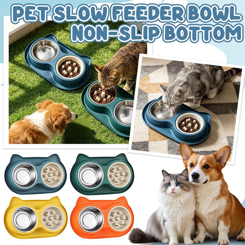 Double Dog Food Bowls - Stainless Steel Water Dish,2-in-1 Detachable Slow Feeder & Standard Bowl Extra-Large Capacity Dog