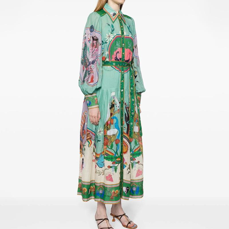 2026 Cross-border Foreign Trade European and American Women's Wear Spring New Printed Lapel Lantern Sleeve Waist-Cinching Dress 661