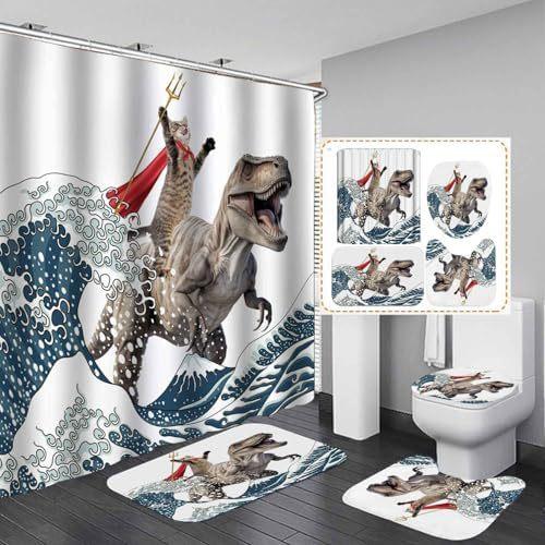 4-Piece Dinosaur And Microphone Pattern Shower Curtain With Hook Bathroom Compartmentary Curtain Bathroom Accessories Home Decor