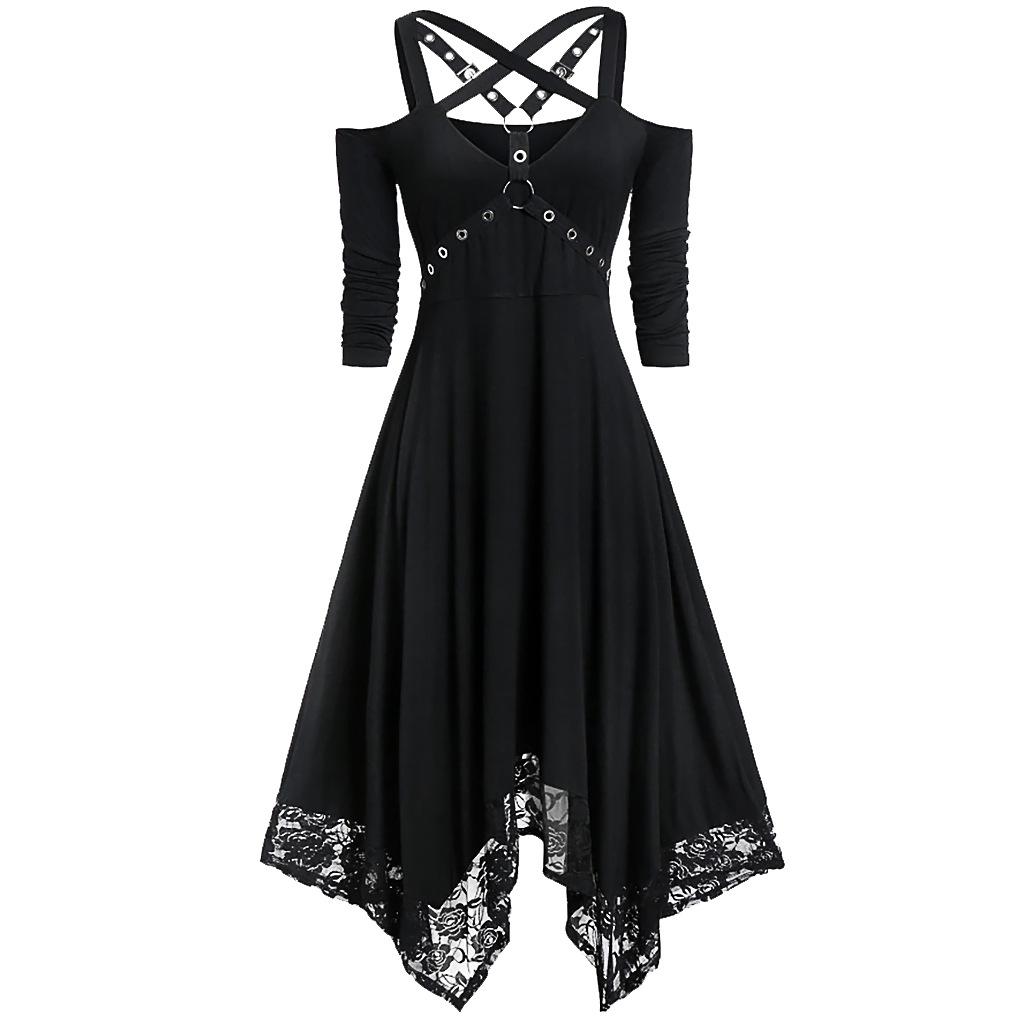 Abito Midi da Donna Spalle Scoperte con Incrocio sulla Schiena Maniche Lunghe Orlo Irregolare in Pizzo Gotico Punk Monocolore Estate 2022