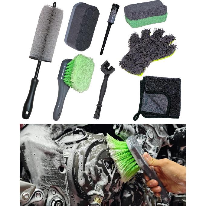 8 Pack Motorcycle Cleaning Kit - Professional Safe For Chrome/Engine/Tires, Hard Reach Brush, Microfiber Mitt, Detailing Tools, Drying Towel & Wax