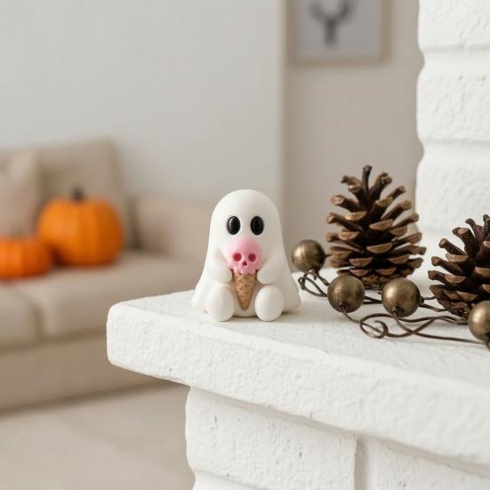 Decorative Figurine for Bookshelf Ice Cream Ghost Resin Figurine, Cute Spooky Desk Decor Miniature Statue Home, Soft Summer Halloween Ornament,