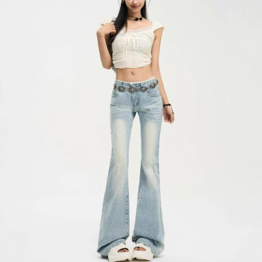 Lace Big Yards Light Blue Micro Flare Jeans Female Lace Low Waist Not Sticky Legs Skinny Straight Trousers Jeans for Women Long Denim Pants