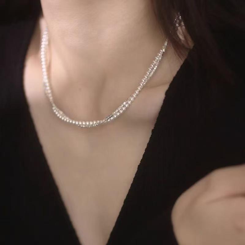 Faux Small Pearl Double Layered Choker Shiny Silver Beads Trendy Necklace for Teen Girls Daily Wear Gift