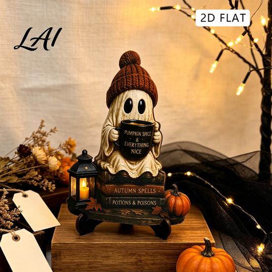 Artistic Halloween Desk Decor Reading Ghost Figurine Wooden Desktop Ornaments Vintage Unique Gothic Room Statue with Stand for Home Tabletop