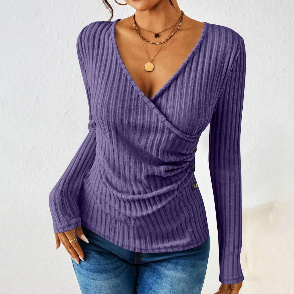 Women's Fashion Casual Long-Sleeve V-Neck -Color Pullover Knit Top