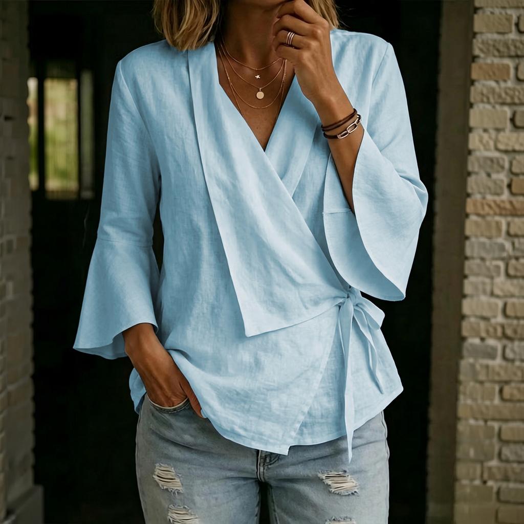 Damen Bluse mit Glockenärmeln, V-Ausschnitt, Bindung vorne und asymmetrischem Saum, Lässiges Baumwoll-Leinen Top
