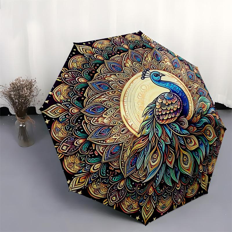 1pc Mandala Peacock Design Automatic Folding Umbrella - Portable 3-Fold Design, 8-Bone Iron Frame Outdoor Umbrella, Festival Gift for Fans, Travelers,