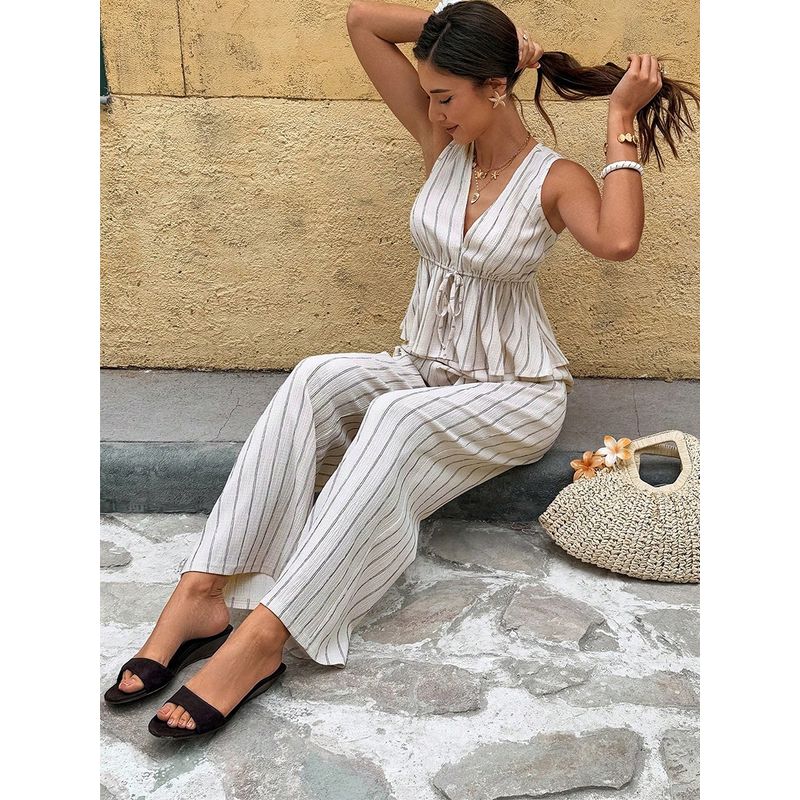 Striped Vest and Pants Set Western Style New Temperament Stripe Vest + Straight Pants Set