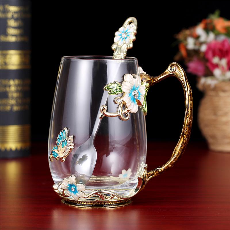 Heat-Resistant Enamel Flower Tea Cup, Creative Painted Crystal Glass Coffee Cup with Handle