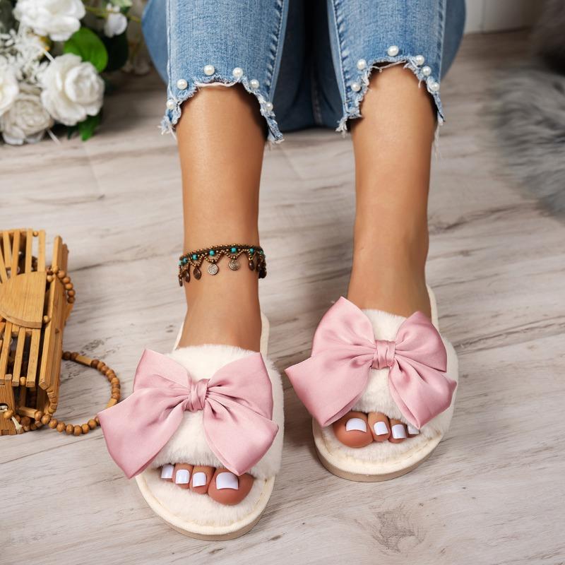 New Autumn Winter Women's Home Cotton Slippers Women Elegant Flat Bottom Warm Head Plush Slippers Trendy Butterfly Knot Slippers