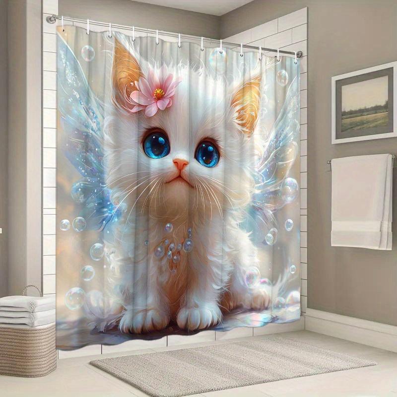 Fantastical Cat Shower Curtain - Dreamy Cat Butterfly Wings Hanging on the Wall Living Room, Bedroom Decoration - Magical and