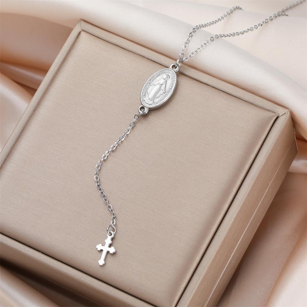 EUEAVAN Virgin Mary Cross Pendant Necklace for Women Holy Mother Maria Necklaces Stainless Steel Christian Amulet Jewelry Gift
