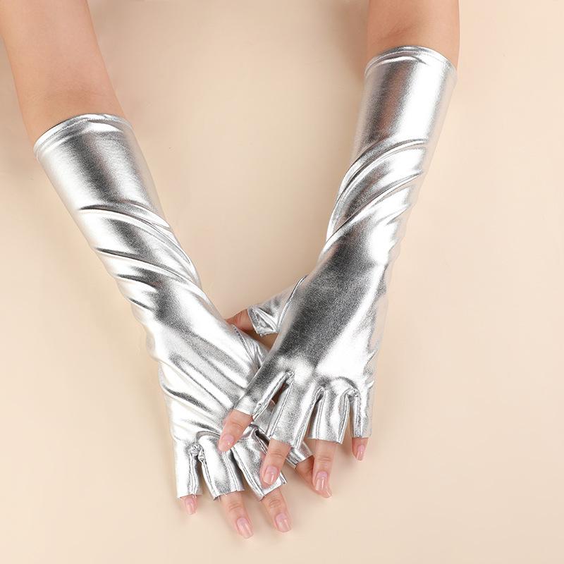 

Silver Punk Half-Finger Fingerless Patent Leather Gloves – Medium-Length, Comic Convention Cosplay Style серебряный