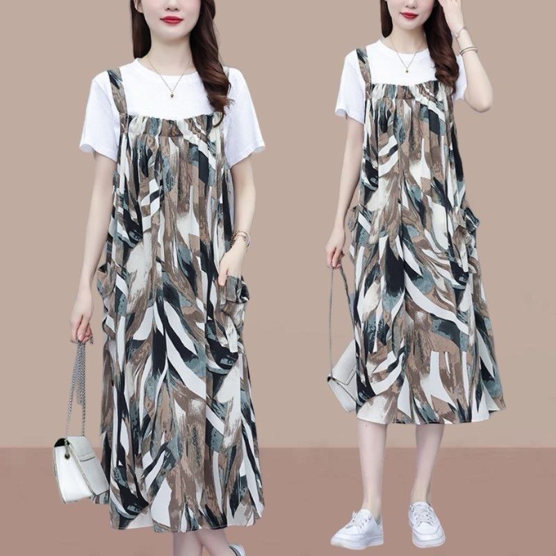 Two Piece Set Casual Loose Matching Sets Summer O-Neck Short Sleeve Women's Clothing Printed Stylish Shirring Midi Dress Sets