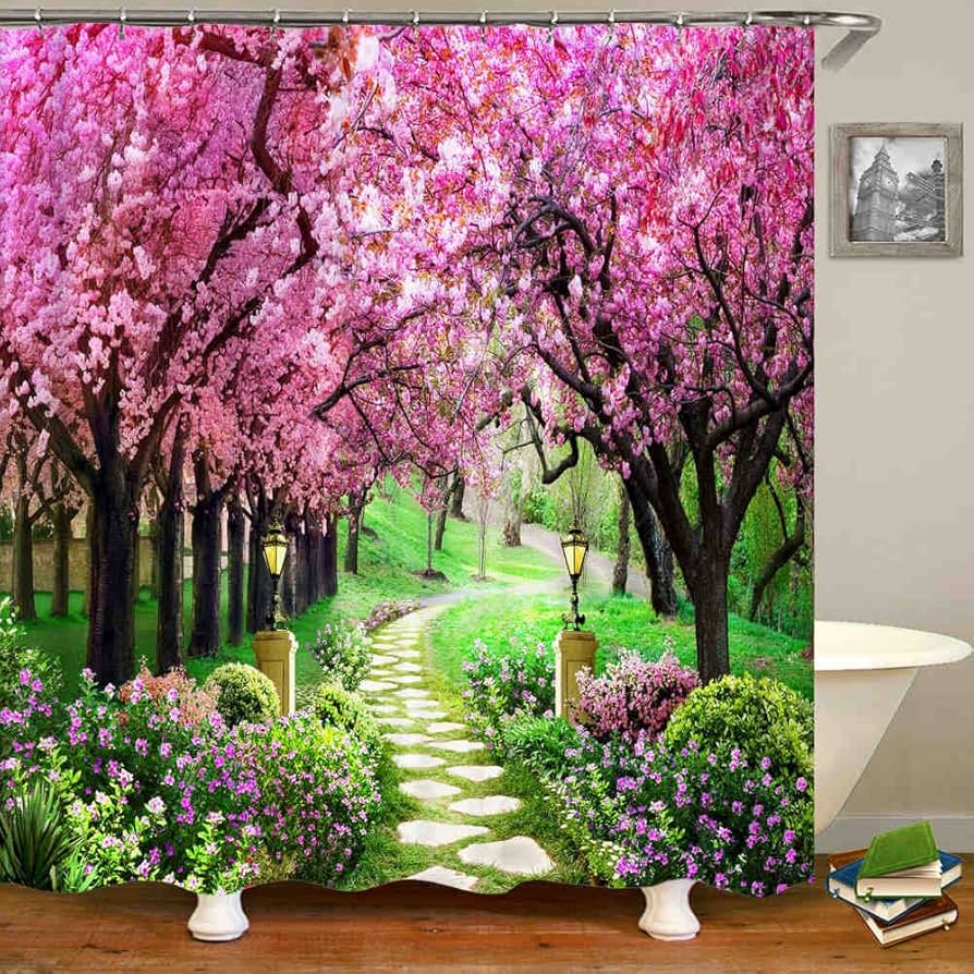 Pink Floral Shower Curtain Kids Decor Spring Flower Park Forest Road Landscape Scenic Bathroom Curtain Decor Set with 12 Hooks