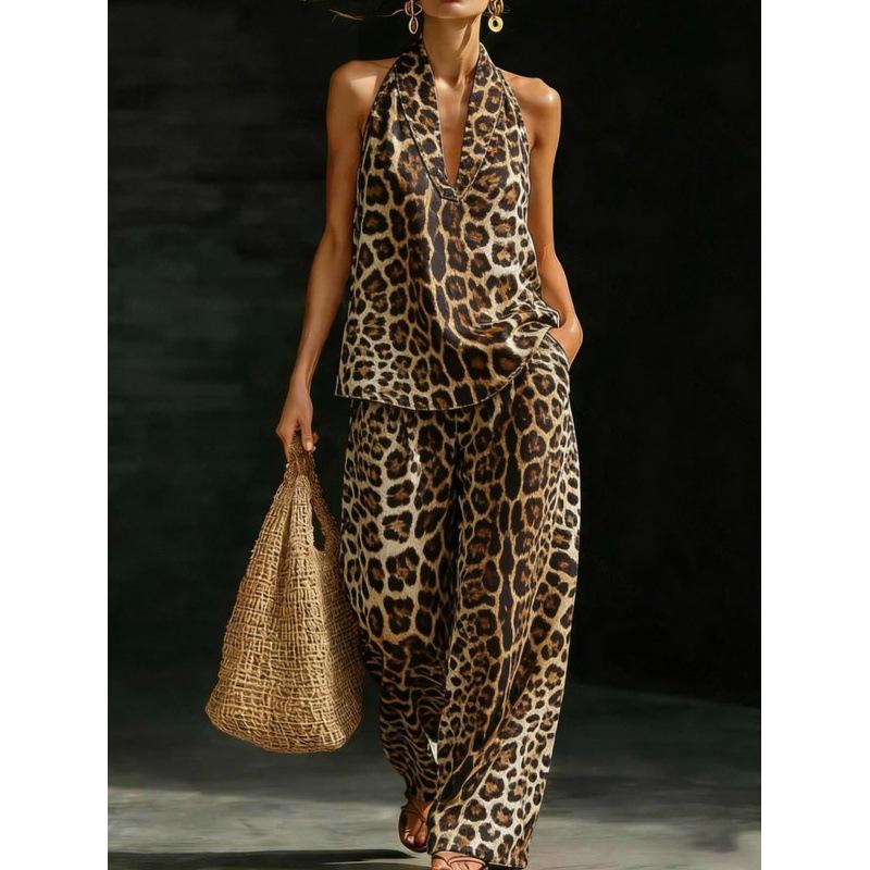 1116 set European and American women's clothing printed neck V-neck sleeveless casual pants set