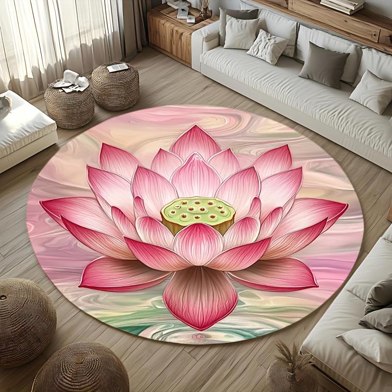 

Pink Lotus Print Round Meditation Mat, Machine Washable Soft Yoga Cushion for Indoor Outdoor Decor, Portable Party Floor Pad Diameter 60cm