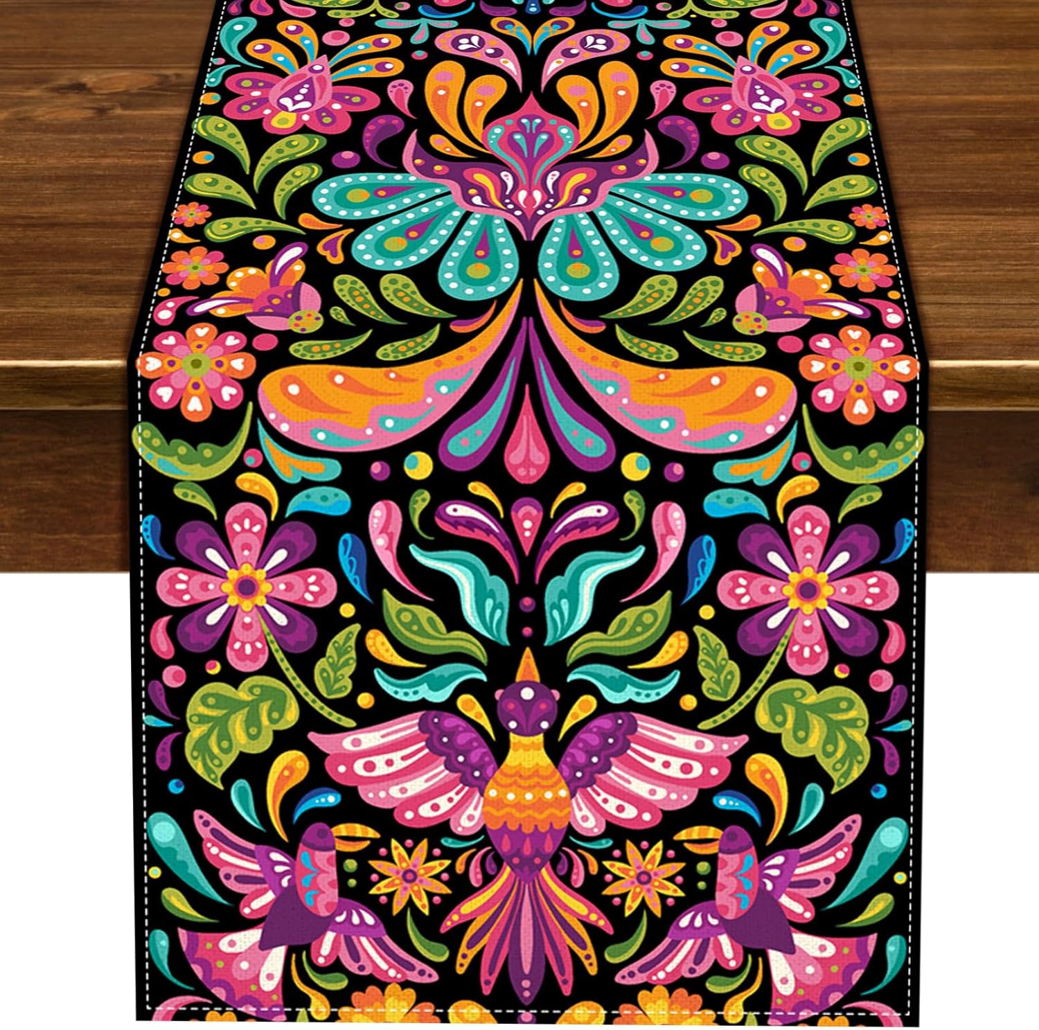 Chemin de table en lin Jour des Morts Mexicain Foulard pour commode Chemin de table Dia De Los Muertos Mexique pour Décoration de Table de Cuisine Salle à Manger 150x33cm blue