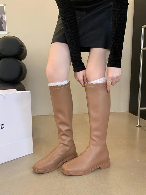 2024 Skinny Short Boots Female Head Knight Middle Heel Star Style Soft Leather  Boots Thick Heel Long Boots Platform Shoes