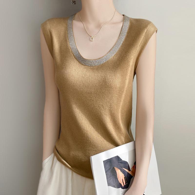 Gilet da donna primaverile nuovo in lana pettinata con scollo a U e lavorazione a rombi, ampio senza maniche, colore unito, gilet piccolo