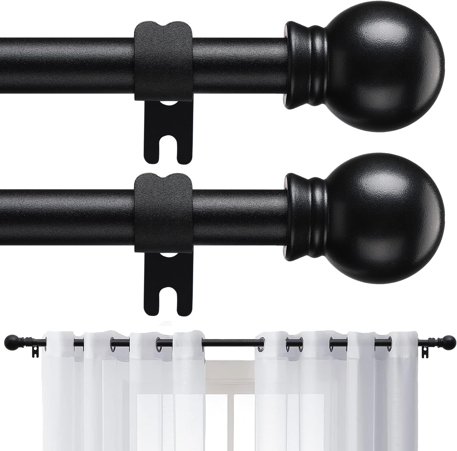 

Карниз для штор до 205 Металлический карниз Регулируемые шторы со стойками для спальни Черный 2 шт. (58 см), Комплект 1,5 см, Окна, удобные для арендаторов, чёрный