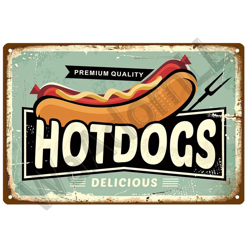 Metallschild Wohnkultur Fast Food Vintage Blechschild Plakette Metall Retro Teller Hot Dog Poster Wanddekor für Küche Café Diner Bar