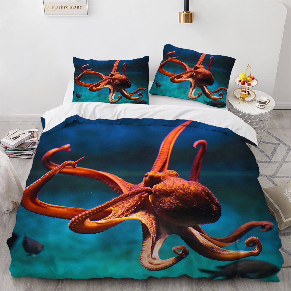 3D Octopus Duvet Cover King Queen Size Cute Cartoon Ocean Animal Bedding Set For Kids Teens Sealife 2/3pcs Polyester Quilt Cover