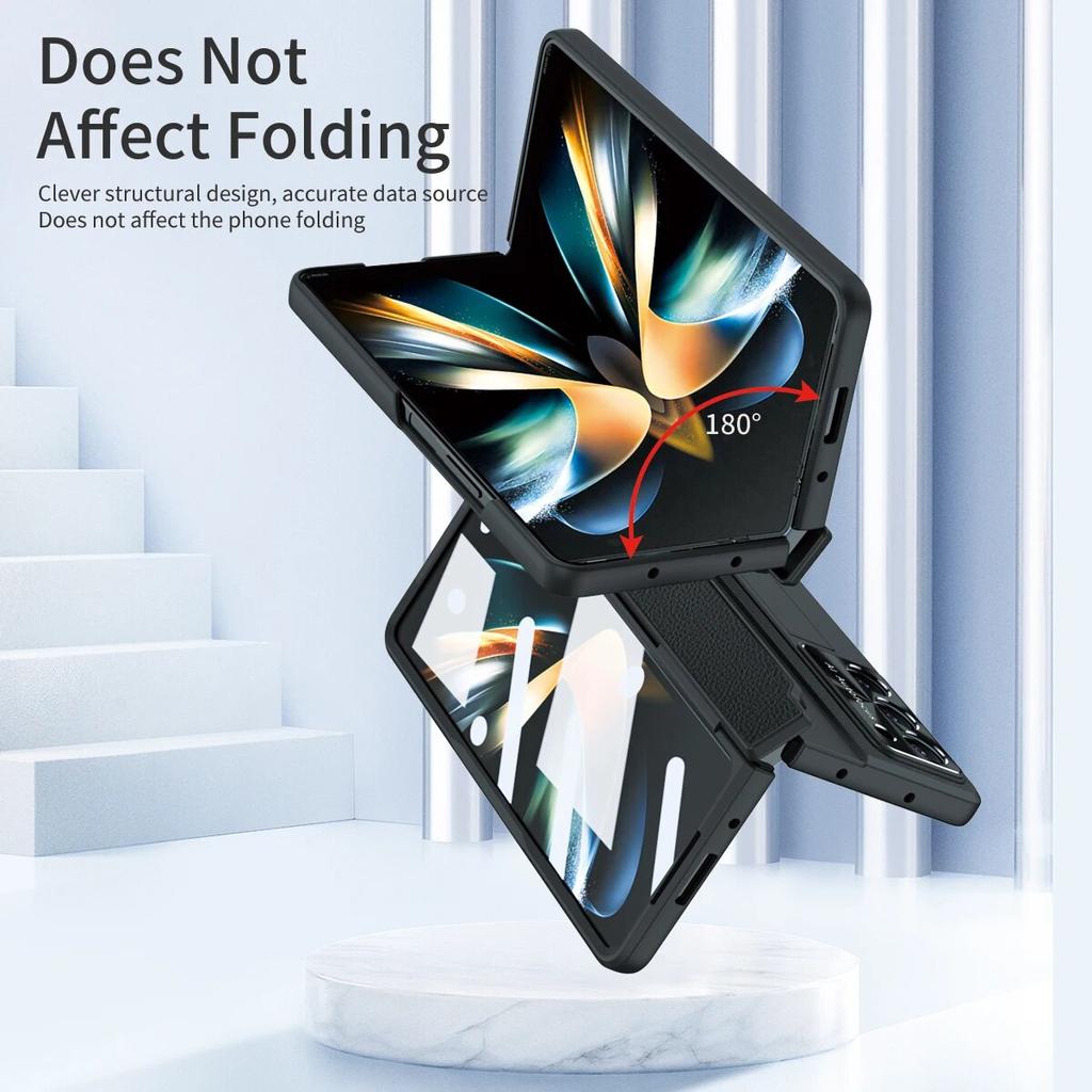 Suport din piele placat Husă de protecție cu balama plată pentru Samsung Galaxy Z Fold 5 4 3 cu folie de sticlă frontală Fold5 Husă de protecție