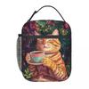 A Yellow Kitten Drinking Coffee Design Insulated Lunch Bag for Women Kids Leakproof Food Boxes Thermal Lunch Box Tote